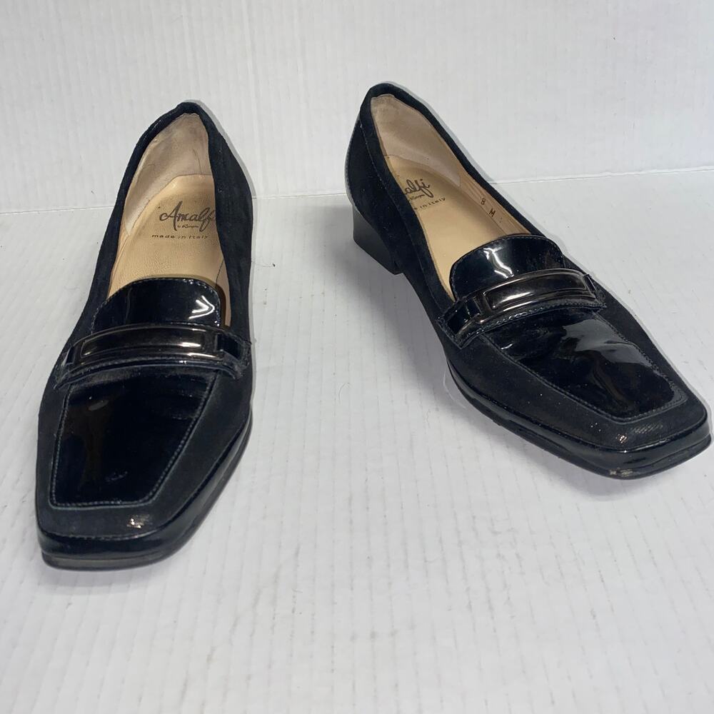 Amalfi Black Sparkle Glitter Leather Slip-On Heeled Loafers Women's Size 8